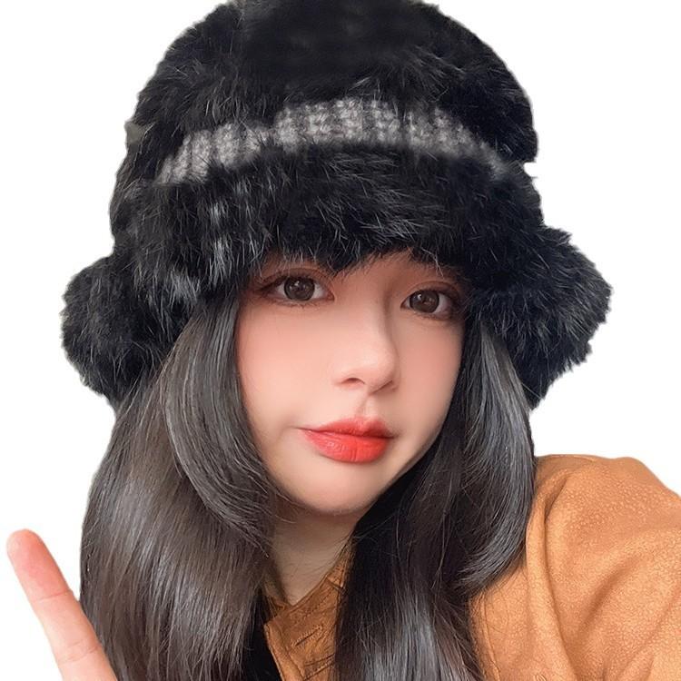 Hat Women's Autumn and Winter Versatile Cute Rabbit Fur Hat Big Head Circumference Shows Small Face 2025 Winter New Fluffy Lazy Hat