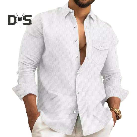 Fall Spring Men Shirt Button Turn-down Collar Long Sleeves Loose Plaid Applique with Chest Pocket Daily Wear Business Bottoming Top