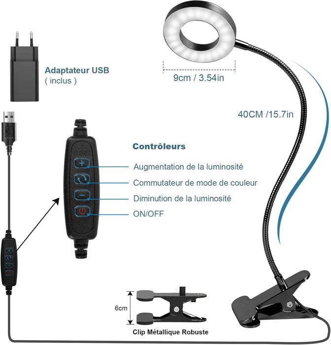 Lampe de Bureau - NOBRAND - Flexible 360° - 3 Modes d'Éclairage - 10 Niveaux de Luminosité - Noir