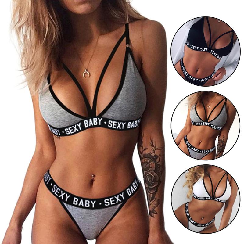Vogue Women Ladies Letter Push Up Sleepwear Underwear G-String Thong Bra Lingerie Bandage Set Bikini Corset Sexy Sport