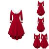 Women Ladies Christmas Asymmetrical Faux Fur Panel Red Retro Fancy Dress Gown Stylish Flowy Maxi Dress For Festive Occasions