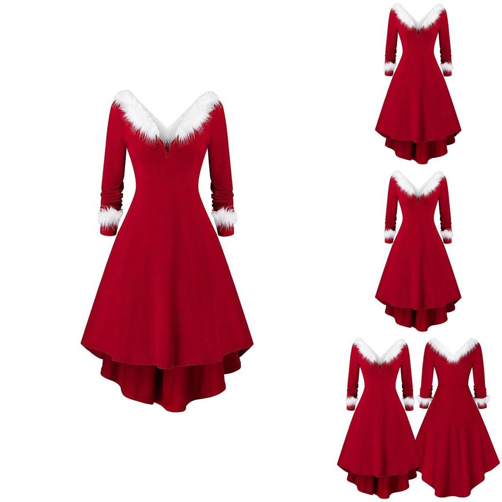 Women Ladies Christmas Asymmetrical Faux Fur Panel Red Retro Fancy Dress Gown Stylish Flowy Maxi Dress For Festive Occasions