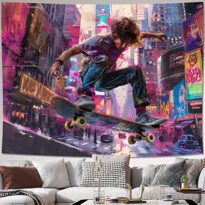 2D Street Skater Boy in Colorful City Wall Tapestry Graffiti Art Background Cloth for Living Room Home Decor 47.2x31.5inch/120*80cm