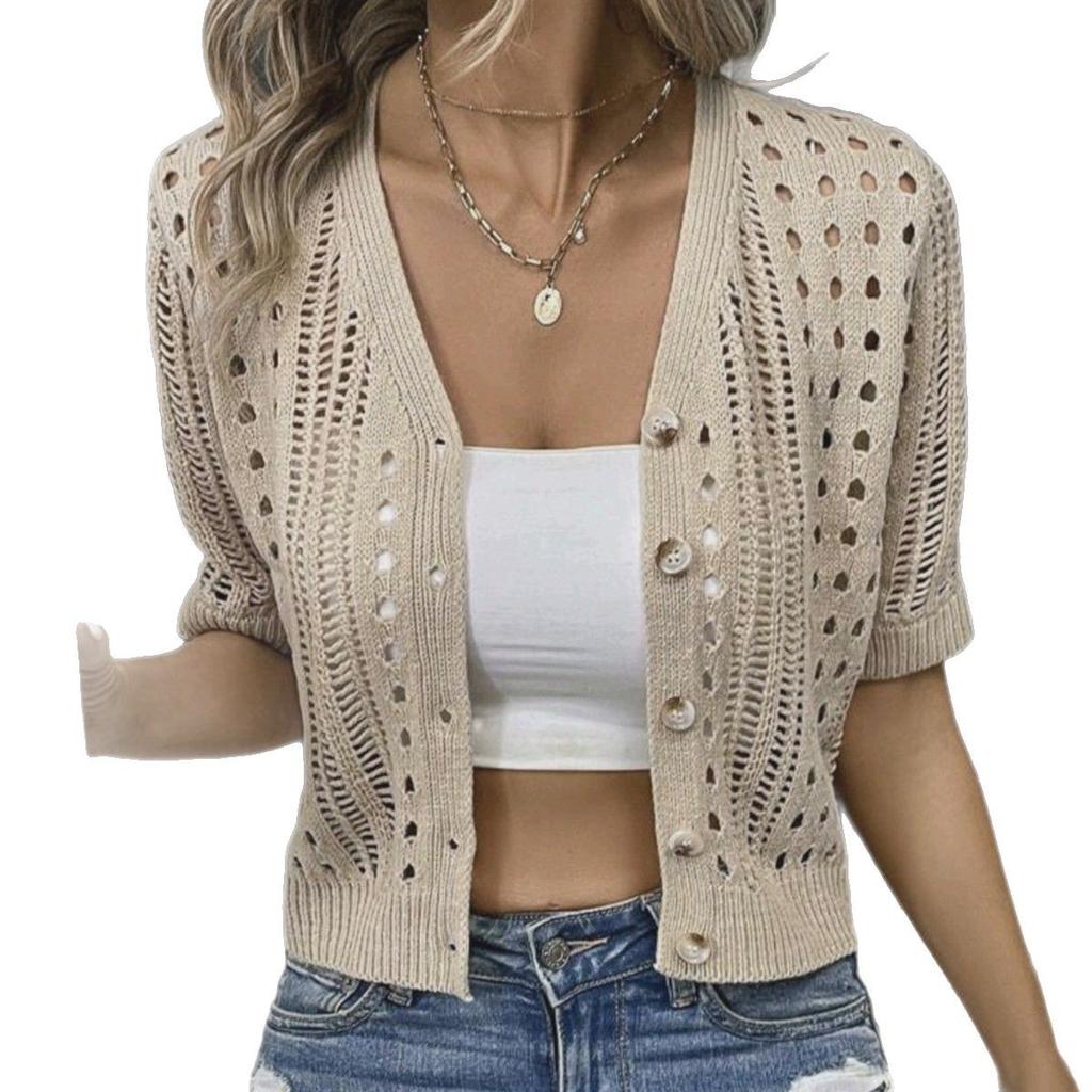 Knitted Women's Hollow-out Cardigan for Summer Women's Hollow-out Short Sleeve Cardigan Coat Short Sleeve Button Down Knit Jacket Hollow-out Design