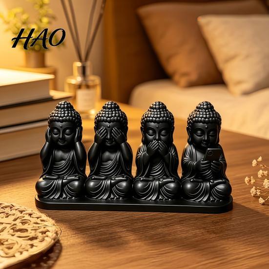 Artistic Tabletop Centerpiece 4-in-1 Mini Buddha Statue, See Hear Speak No Evil And Phone, 3D Printed Trendy Office Gadgets Zen Monk Feng Shui