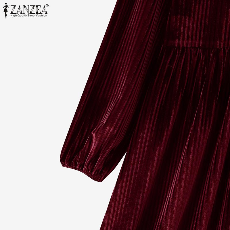 ZANZEA Damen Vintage Stehkragen Langarm Taille Samtkleider