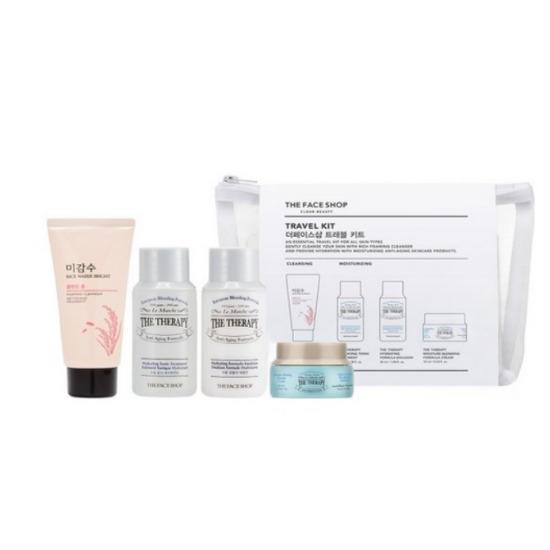 THE FACE SHOP Travel Skincare Kit (Cleansing Foam & Therapy Moisture Set with Pouch) Travel Skincare Kit
