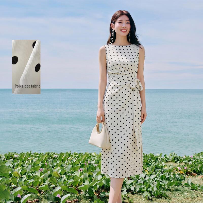 Elegant Polka Dot Sleeveless Midi Dress L