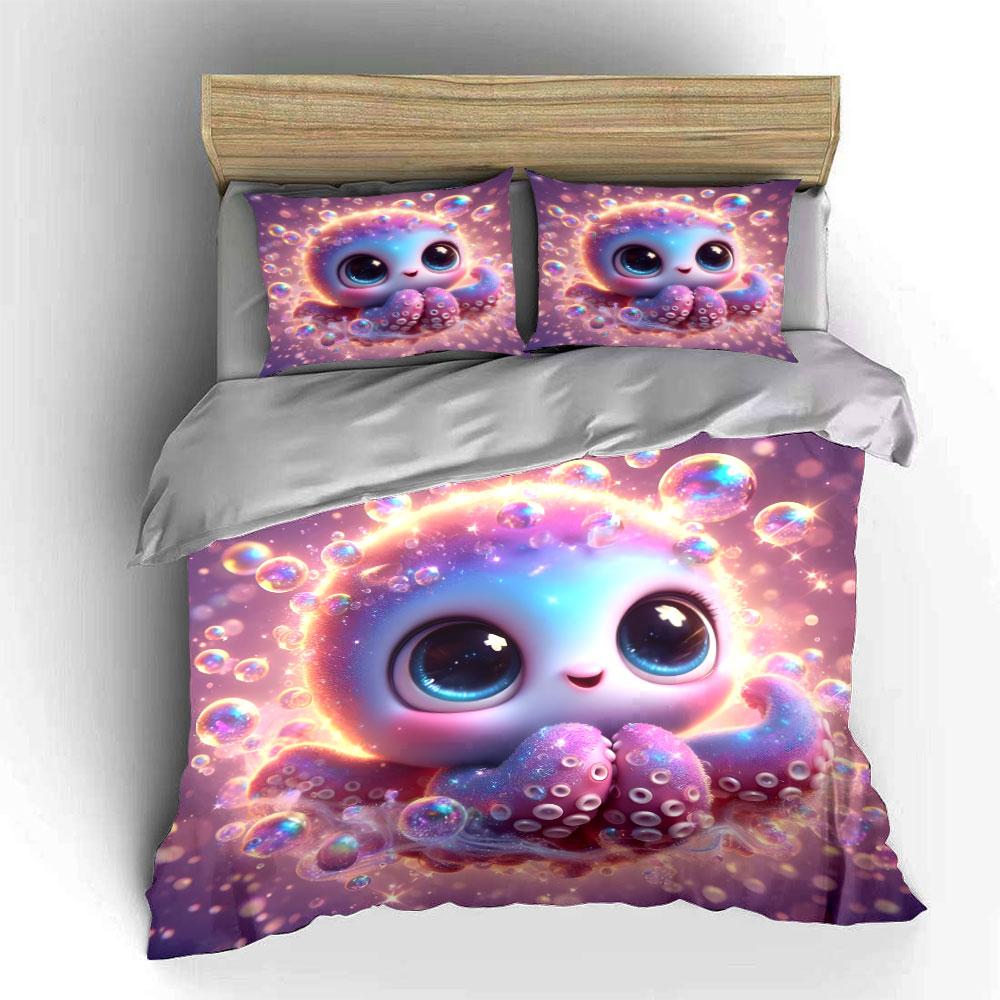 Cute Glitter Pink Purple Octopus with Bubbles Prints bedding Set Exquisite three-piece bedding set gift for kids and adults 135x200cm