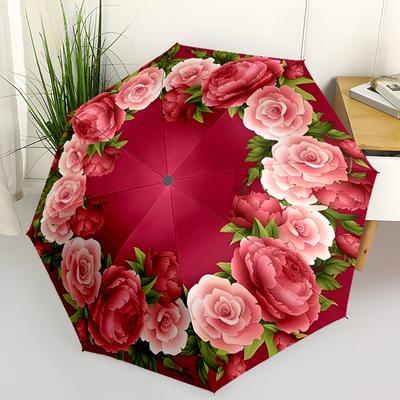 Rose Bright Flowers Automatic Umbrella, Compact Design with 8 Ribs,  Outdoor Leisure and Daily Use-ideal Gift