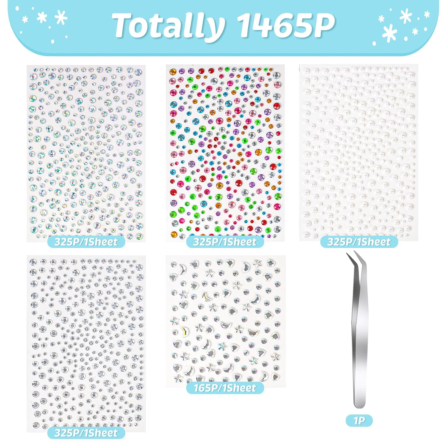 Стразы для лица vivinin 1465P, самоклеящиеся стразы для волос, 5 разных видов стразов для лица, наклеиваются на лицо, глаза, тело, волосы, для макияжа.