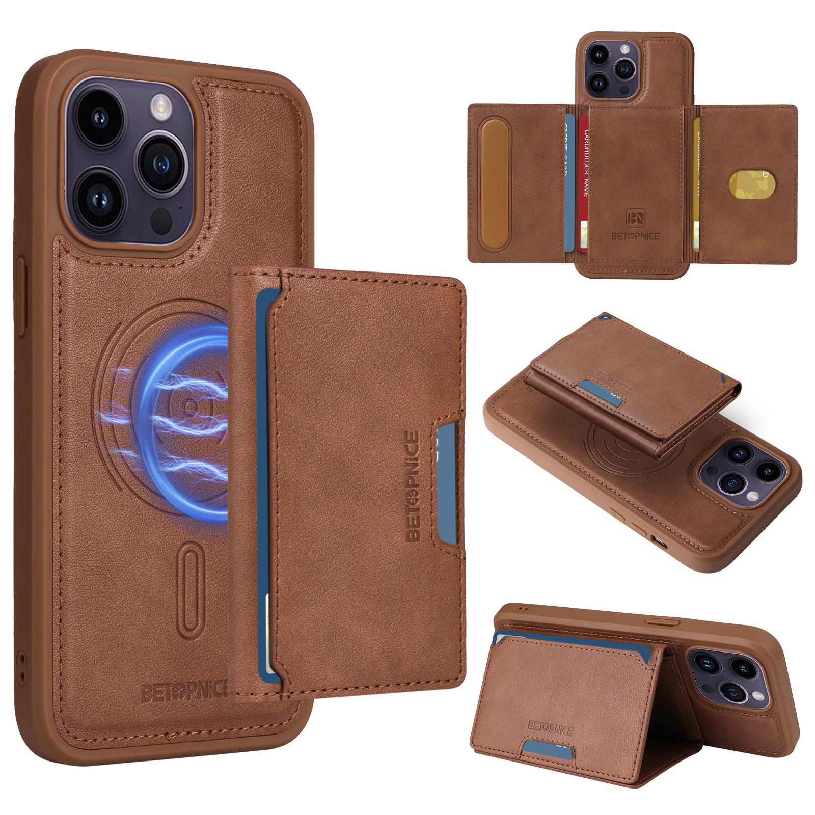 

Для iPhone 14 Pro Max Магнітний чохол BETOPNICE Шкіряний чохол для телефону Підставка зі знімною кишенькою для карток Brown