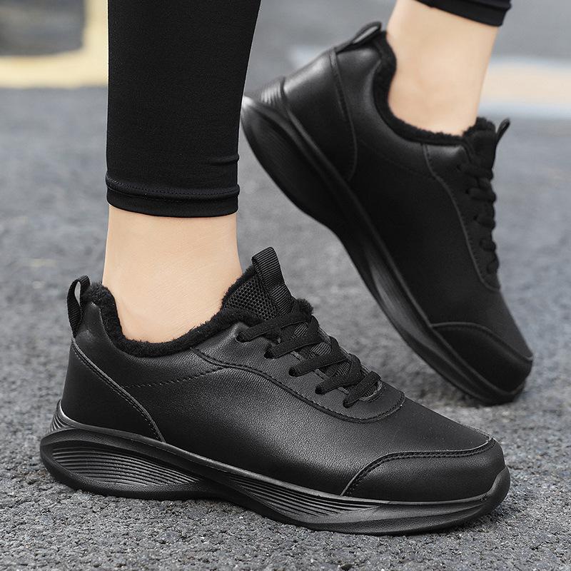 Women's Winter Sneakers With Fur Black Leather Sneakers Woman Non Slip Casual Shoes For Women Warm Waterproof Sport Shoes Ladies