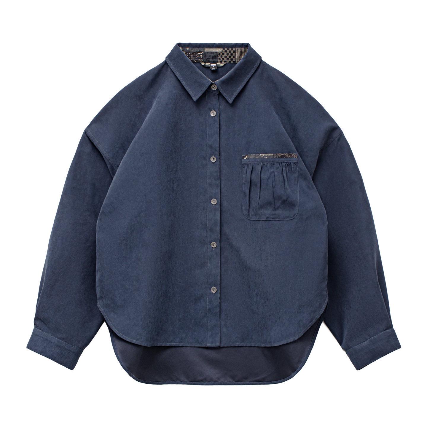

Maden Deep Blue Velvet Lapel Shirt: American Retro Style, Long Sleeve, Loose Fit Women s Spring Jacket L