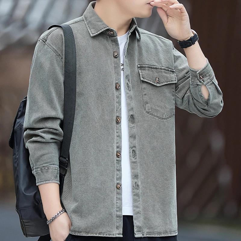 2026 Spring Autumn Men Cotton Cargo Shirts Men Casual Soild Color Shirts Male Long Sleeve Shirt Fashion Slim Fit Shirt