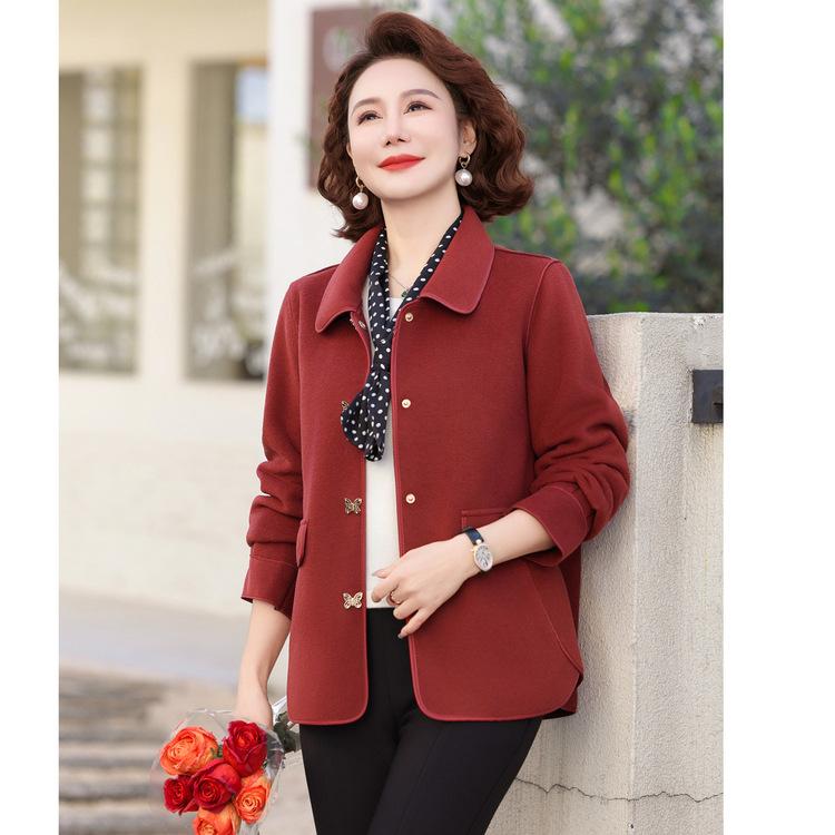 Mom's Spring and Autumn Fashion Trouser Top Trouser New Middle-aged Women's Clothing 50-year-old Lapel Fashion Large Size Woolen Jacket