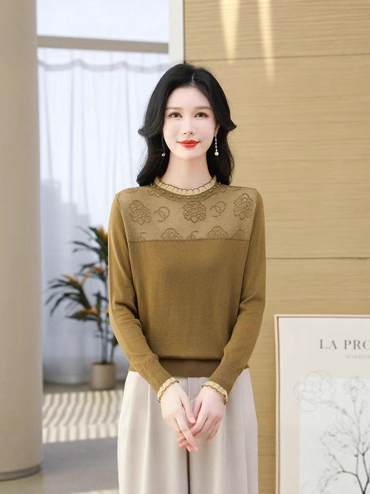 Damen Merino-Wolle Basisschicht mit Spitze und Lochmuster - Altersreduzierender Rundhals-Pullover für Herbst/Winter