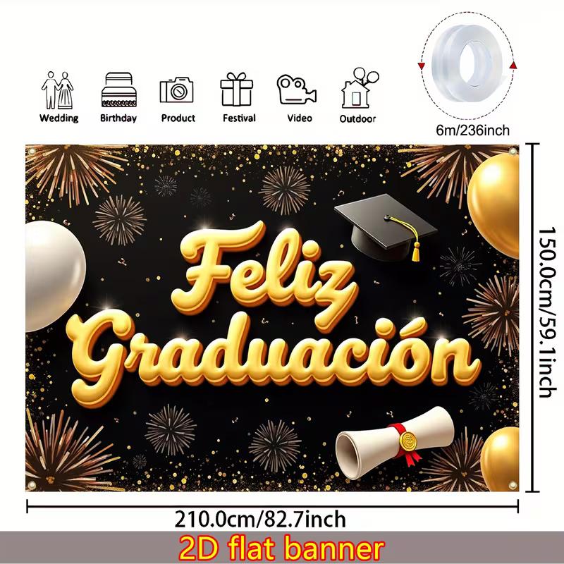 Fondo 2D Feliz Graduación Negro Dorado para Sesión de Fotos de Retratos de Graduación en Español