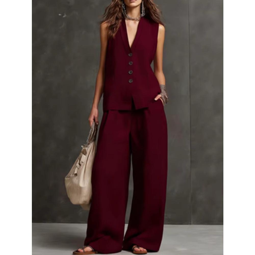 Completo da Donna in Due Pezzi con Gilet Scollo a V Senza Maniche Monopetto e Pantaloni a Gamba Larga Vita Alta Aspetto Lino