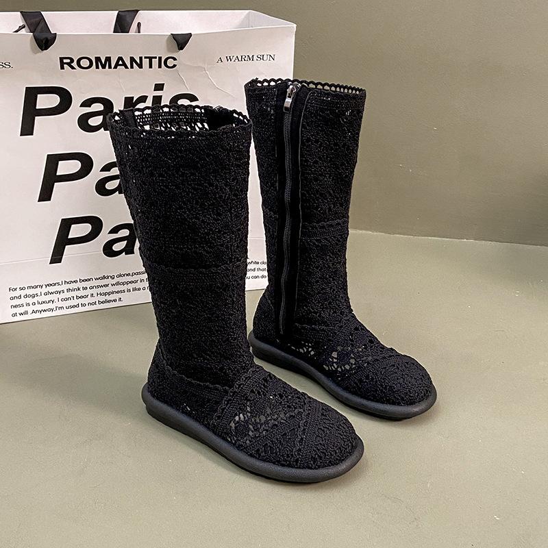 

DVIAS полые кружевные ботинки-трубы средней длины на плоской подошве, женские, 2025 лето, новые, универсальные, ретро, с боковой молнией, ботинки-сетка Мартин 40 чёрный