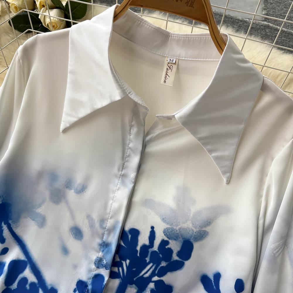 Elegant Temperament Polo Collar Blue Printed Long-Sleeved Shirt Women's High-End Pleated Skirt Fashion Two-Piece Suit