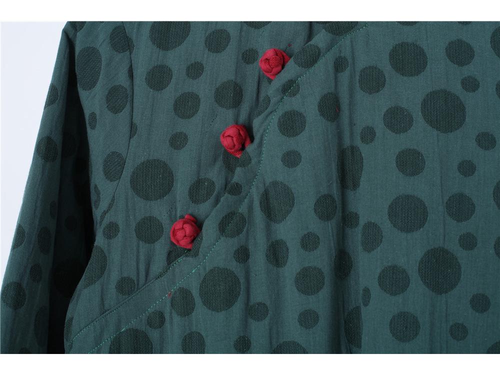 Autumn/Winter Ethnic-Style Fleece-Lined Cotton Linen Long Dress with Frog Buttons and Lantern Skirt.