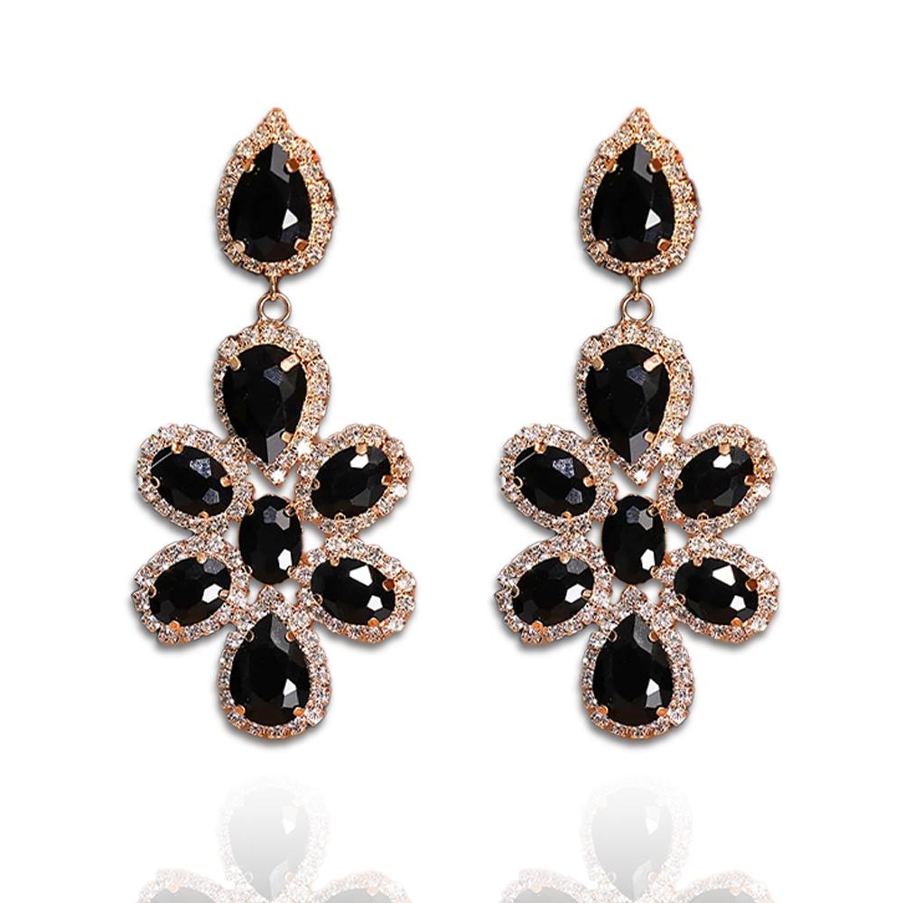 Black Large Geometric Rhinestone Dangle Earring for Women Statement Accessories Drop Crystal Tassel Earrings Party Jewelry