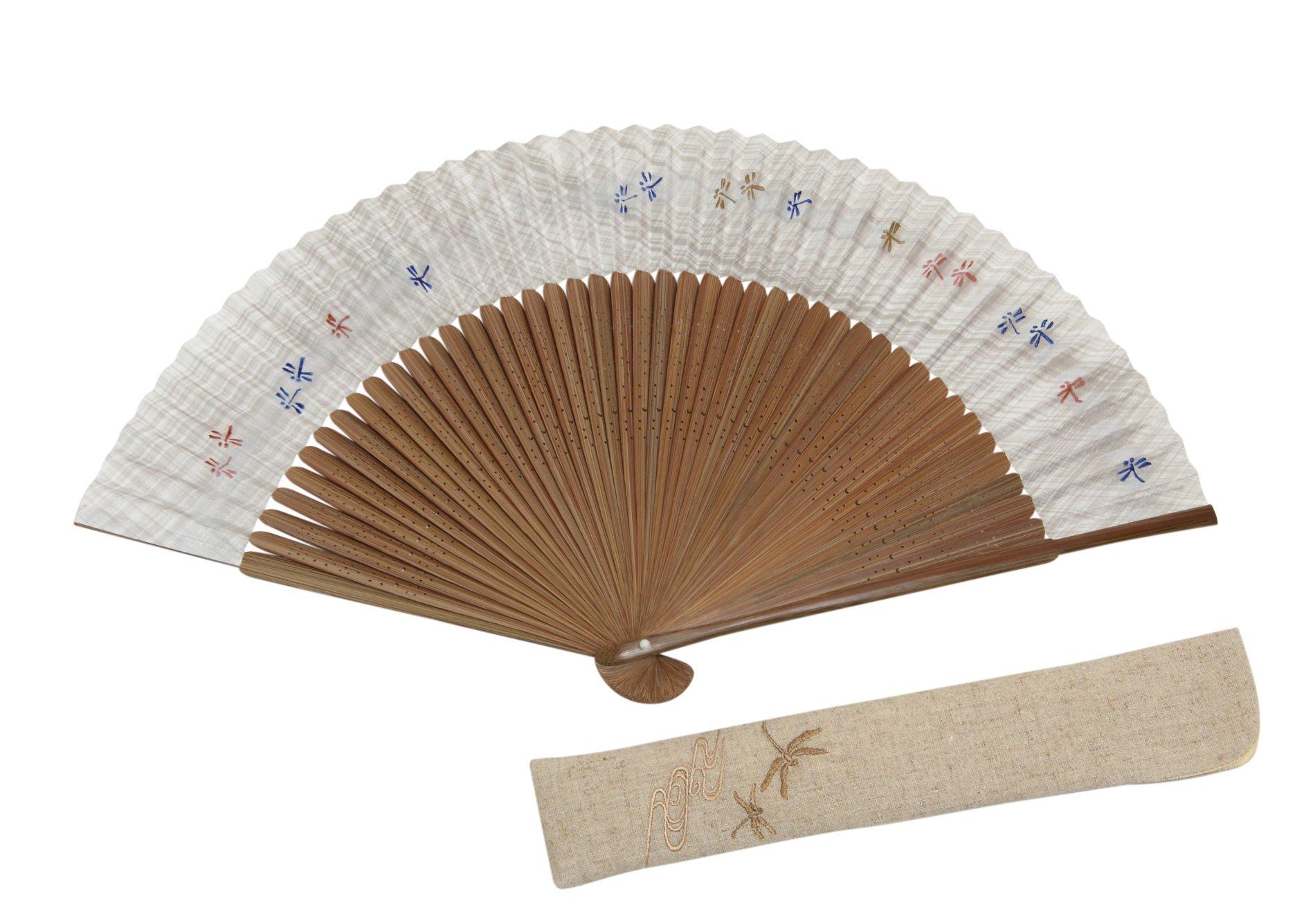 

Kyoto folding 45 karaki short handmade by Kyoto fan bag wooden box included [Hasegawa] fan, dragonfly, ribs, cloth, double-sided pattern, craftsmen, білий
