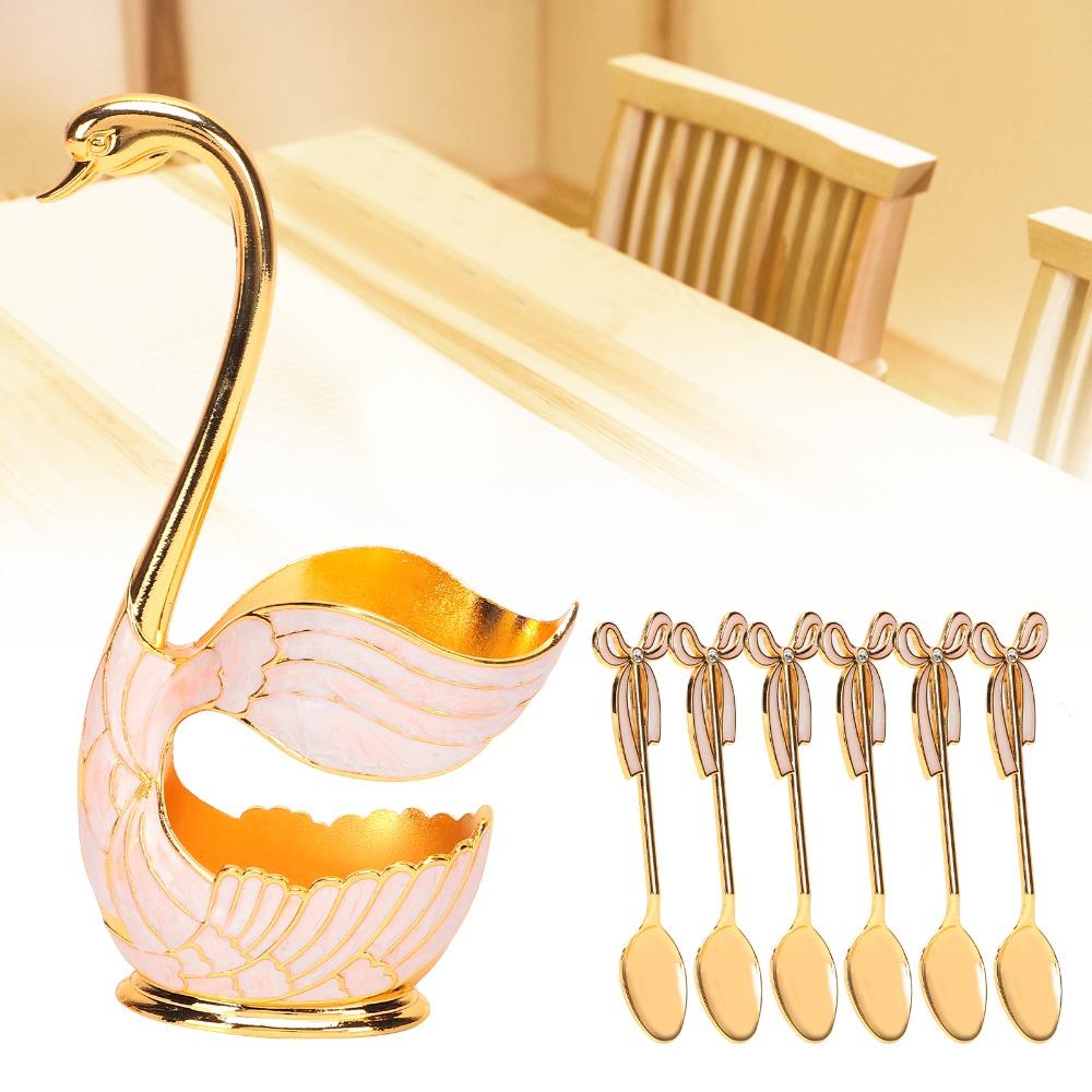 7pcs Zinc Alloy Coffee Spoon Set Swan Base Holder Tea Spoon Set Dessert Spoon Set  For Ice Cream
