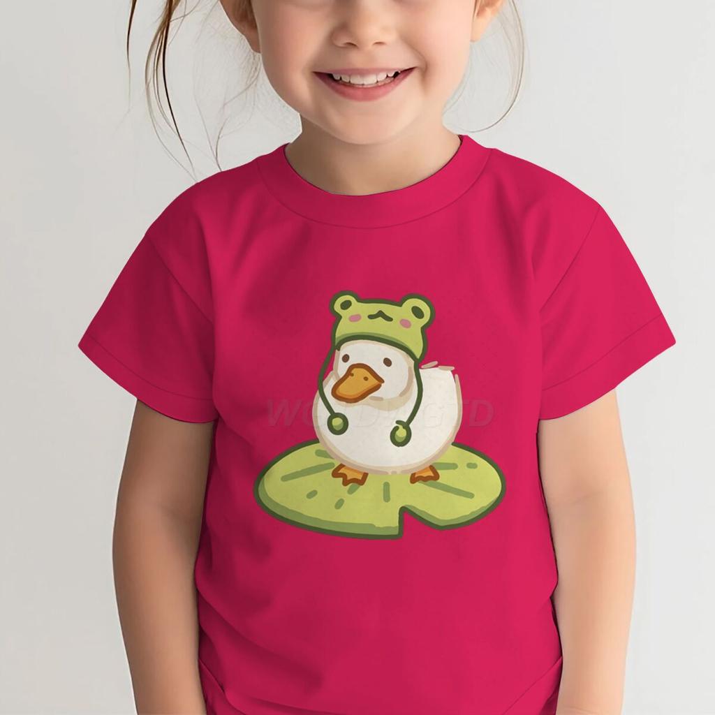 Duck In Frog Hat Cartoon Tshirts for Girl Boy Cute Duck Graphic Casual Tops Kawaii Animal Tee Cute Duck Design Toddler Wear