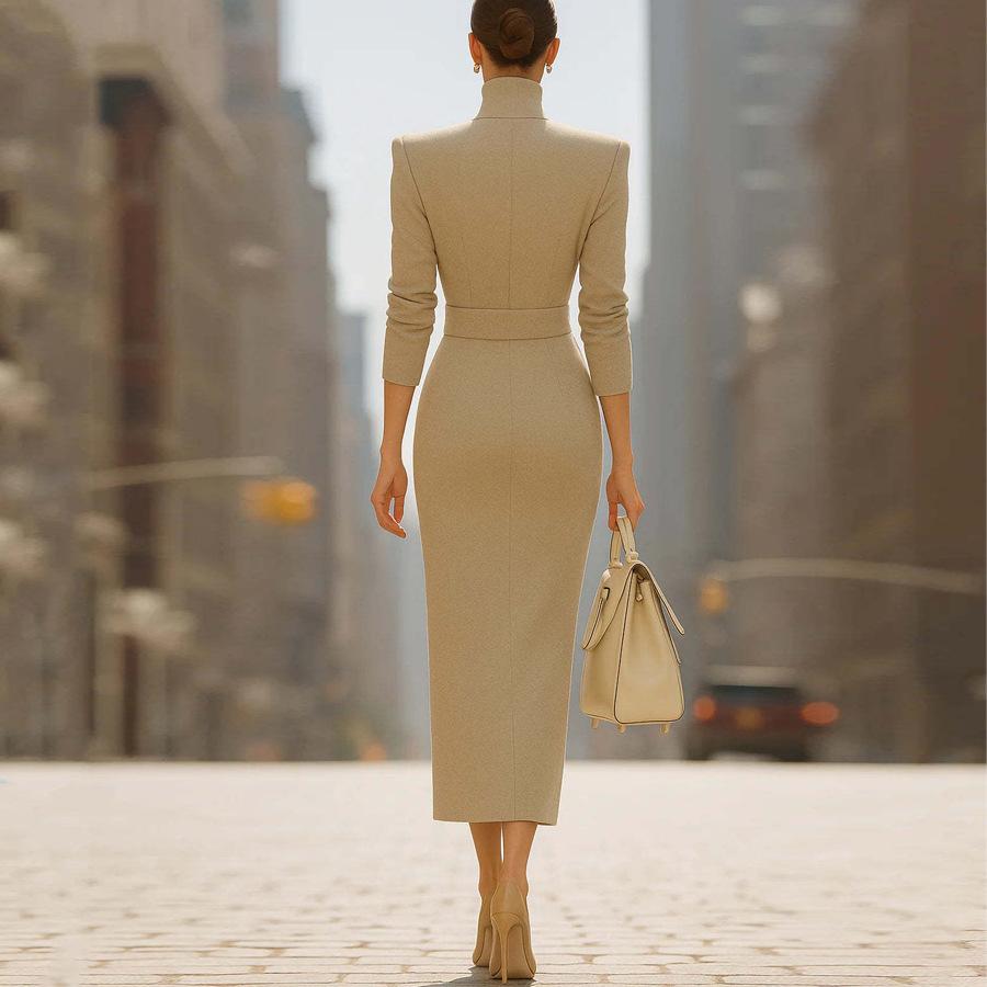 Robe Midi Bodycon à Col en V pour Femme Automne, Robe Stylo Moulante à Fente Haute avec Design Style Cache-cœur, Robe Élégante pour Bureau et Soirée Polyvalente