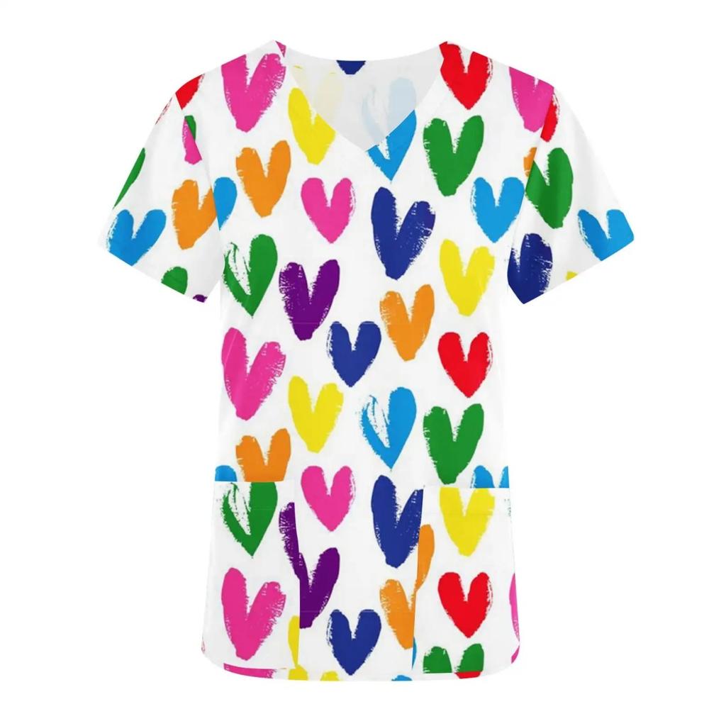 Women's Nursing Uniform with Romantic Heart Pattern Print Women's Short Sleeved Uniform Fashionable Casual and Comfortable