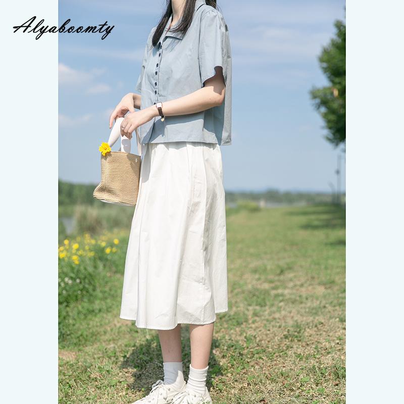 Japanese Mori Girl Summer Women White Midi Skirt High Waist Basic Casual Loose Cotton Skirt Sweet Basic Ladies' All-Match Skirts