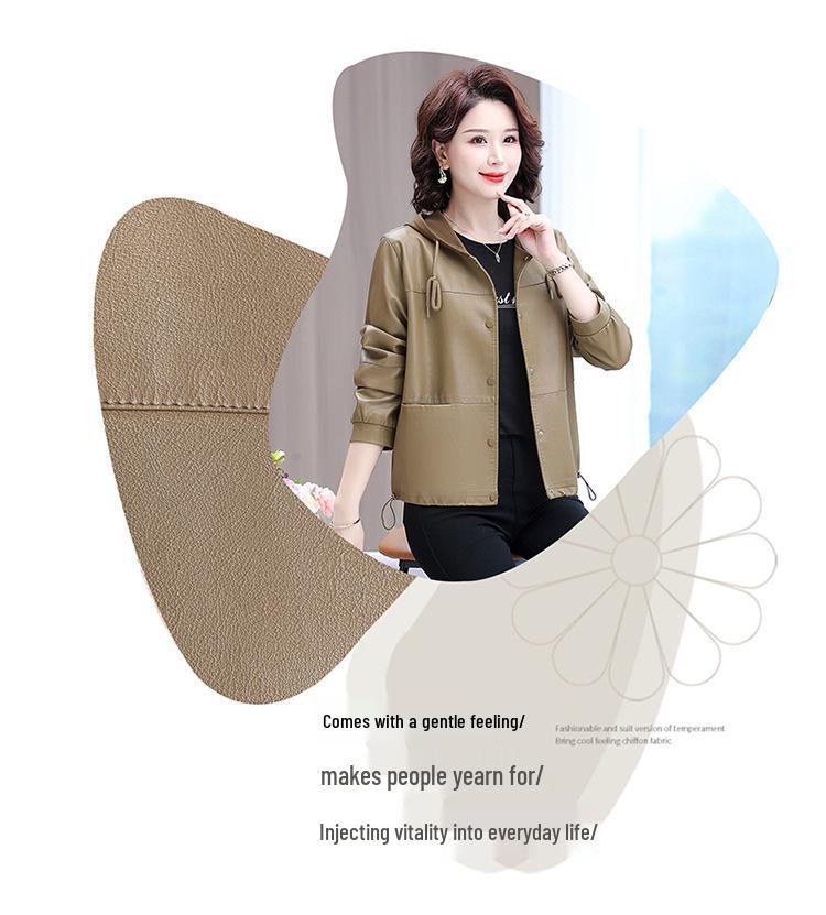 Women's Spring Hooded PU Leather Jacket - Short Style for Middle-Aged and Elderly Ladies