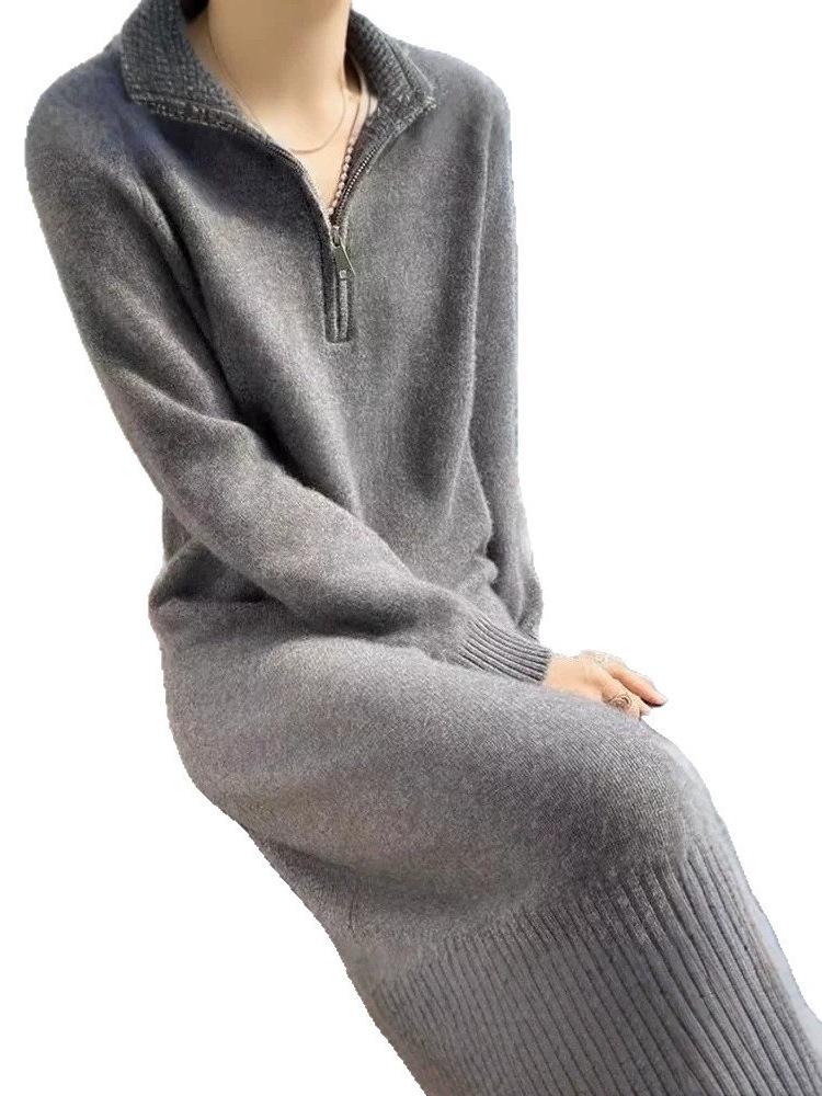 Women's High Neck Mid-Length Cashmere Sweater Dress - Autumn Collection with Zipper and Loose Knit Wool Design