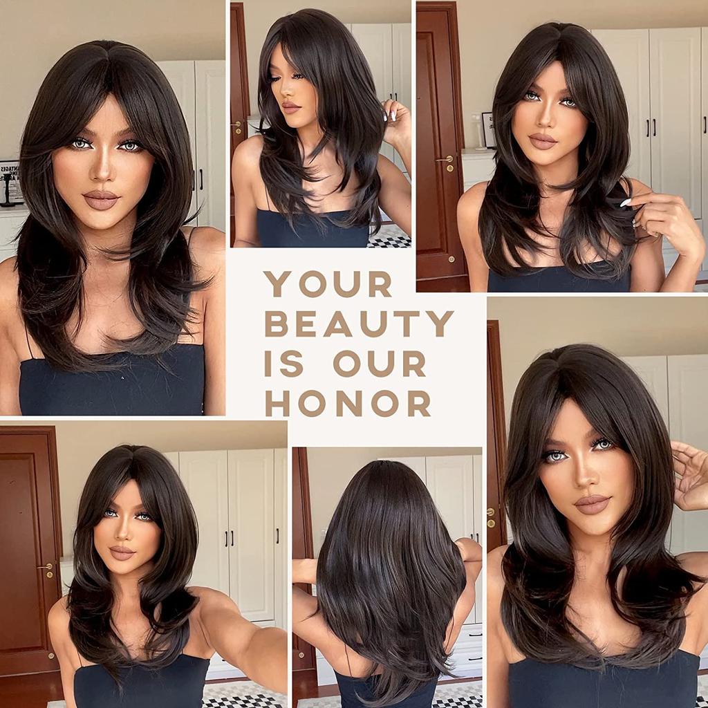 Long Wavy Layered Black-Brown Shoulder-Length Wigs With Bangs Heat Resistant Synthetic Wigs for Women Cosplay Daily Natural Wigs
