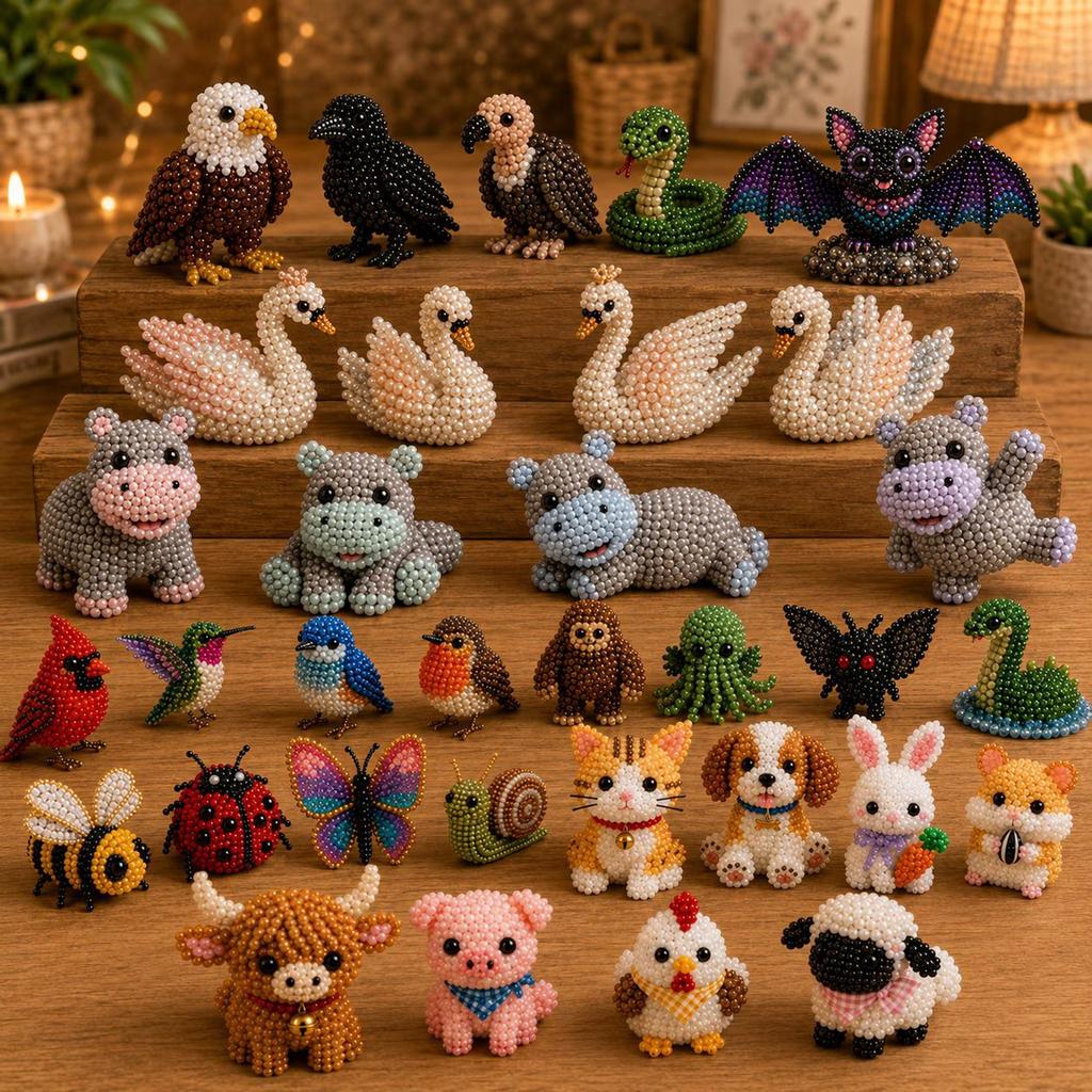 3D Perlen-Tier-Set DIY Tiere Set Enthält Materialien und Anleitungen zur Herstellung von vier Tierfiguren Geeignet für Anfänger und Hobbybastler