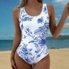 Sommer Sexy Regenbogen Inselblumen Print Einteiler Badeanzug Schlanke Passform, Tiefes U-Rücken Design, Strand Pool Urlaub Auffälliger Mode Badeanzug