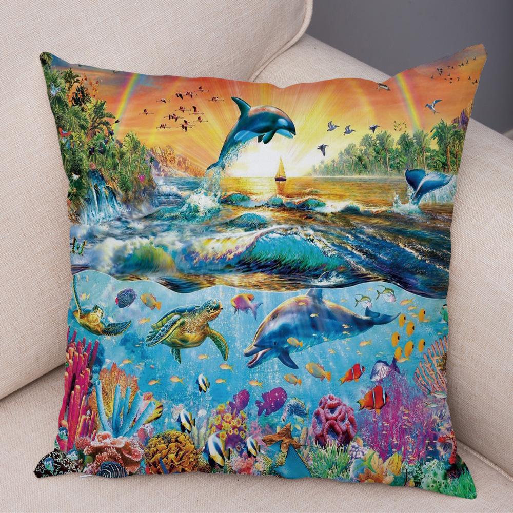 Marine Turtle Dolphins Shark Cushion Cover Short Plush Decor Colorful Ocean Animal Pillowcase Pillow Case for Sofa Home Car