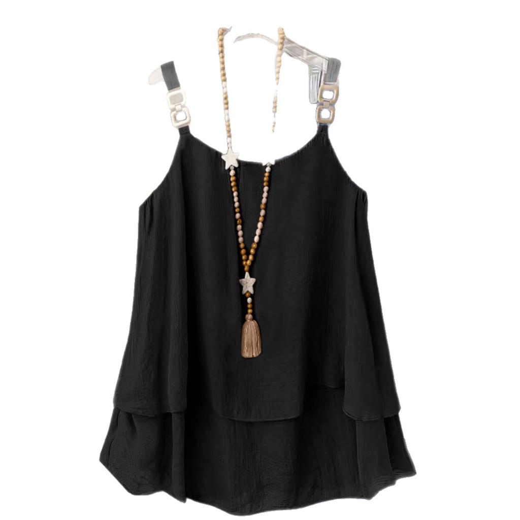 Spring and summer new crew neck women's clothing casual loose fashion elegant commuter vacation solid color double suspender top