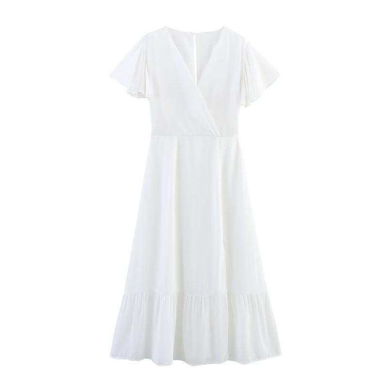 

Kaslead New Women clothes Western Style Fashion Simple Slimming Flying Sleeves White Chiffon Dress White L