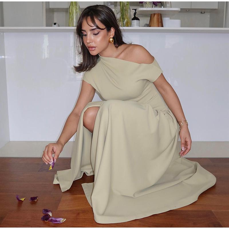 Elegant Pleated Dress For Women Fashion Street Short Sleeve Patchwork Long Dress Casual Office Lady Irregular Neck Robe