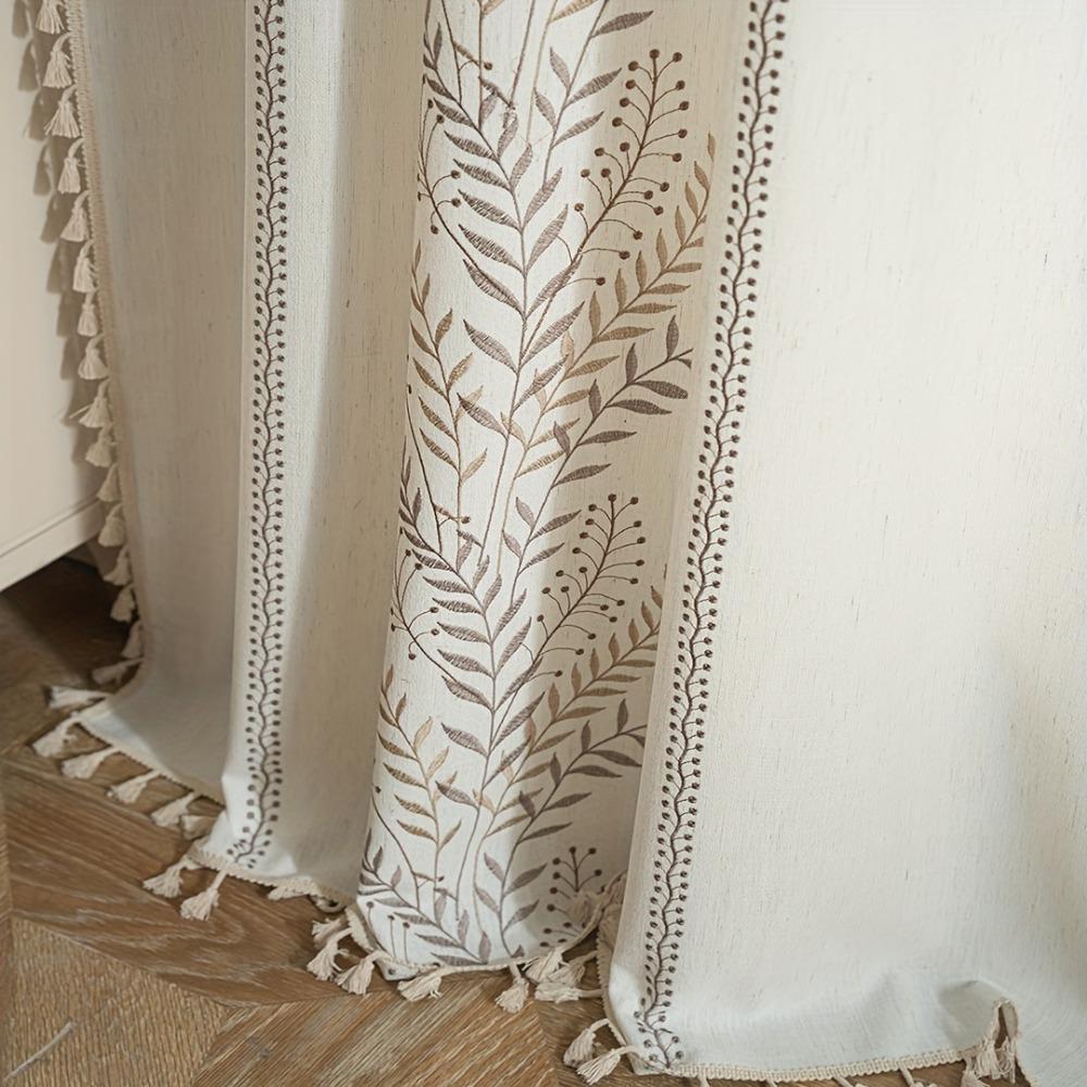Floral Embroidered Curtains,Semi Sheer Tassels Linen Drapes for Living Room,Boho Light Filtering Cottage Curtain with Rod Pocket