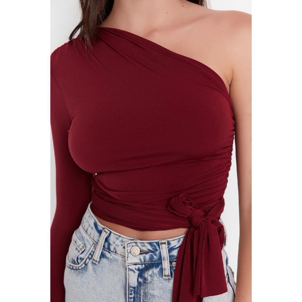 Claret Red Slim Tie Detailed Single Sleeve Crop Stretchy Knitted Blouse Twoaw23bz00094