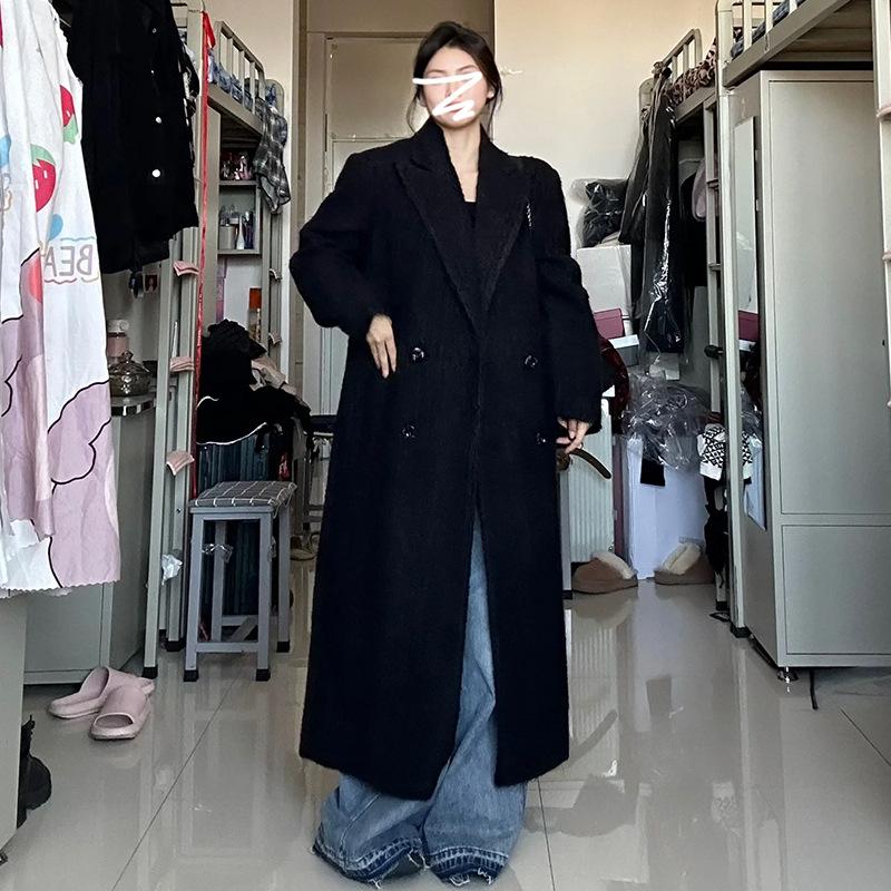 Women's Black Wool-Blend Thickened Coat - Autumn/Winter, Korean Style, High-End Loose Fit