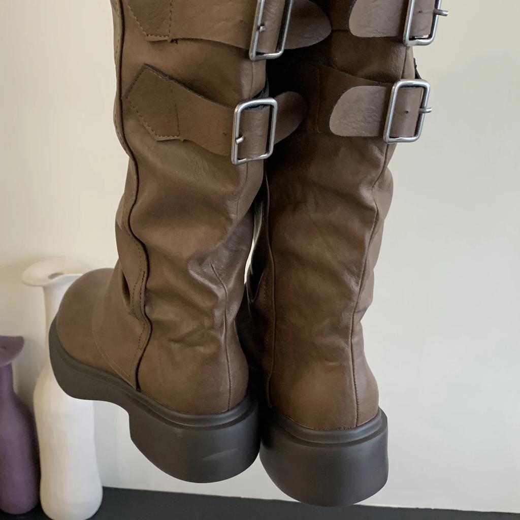 Eilyken Vintage Design Narrow Band Buckle Strap Women Knee-High Boots Fashion Round Toe Square Low Heels Shoes