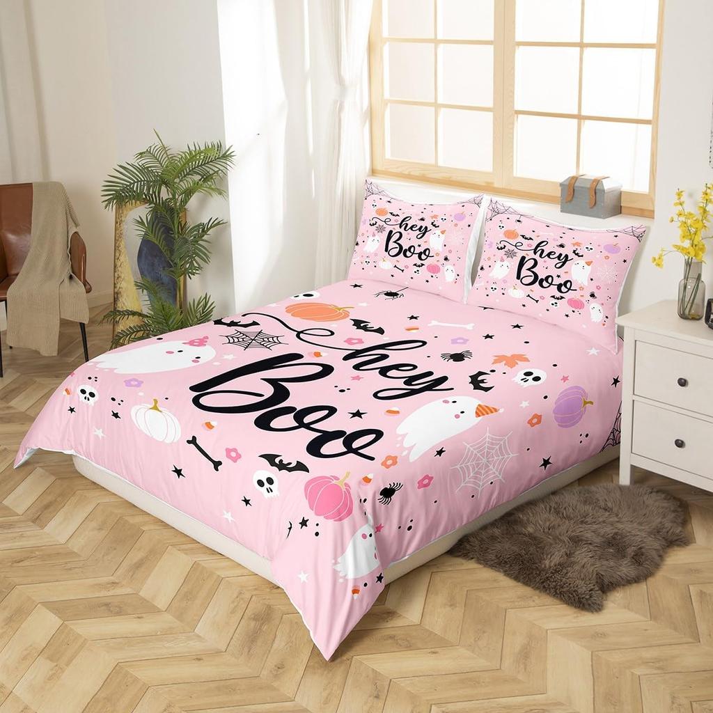 Pink Ghosts Duvet Cover Set Single Size Halloween Theme Bedding Set 2/3pcs Kids Girl Room Decor Gothic Skull Spider Bat Pumpkin