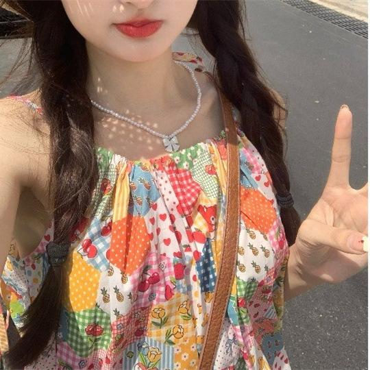 Cartoon floral suspender dress women's summer sweet Mori idyllic summer dopamine seaside dress