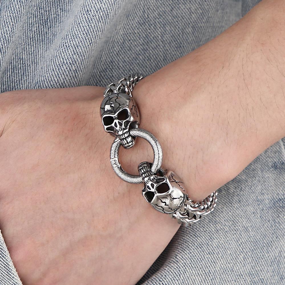 Punk Rock Double Skull Head Face Design Men's Bracelet 11MM Width Stainless Steel Square Franco Link Chain Skeleton Jewelry Male