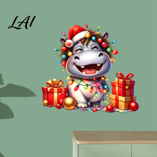 Self Adhesive Bathroom Glass Film Cartoon Hippo Christmas Wall Decal Cute Sticker with Colorful Lights & Indoor Outdoor Festive Ornaments Xmas Balls,